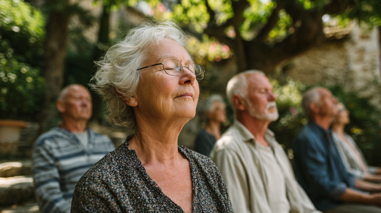 Yoga în natură pentru seniori - practică în pădurea verde cu grup de persoane mature